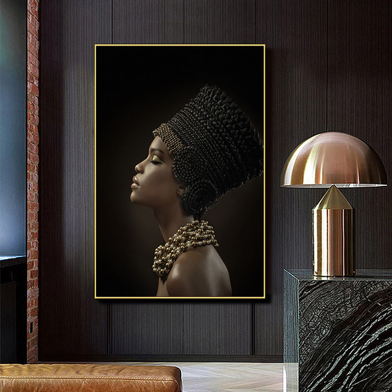 African Woman Wear Pearl Necklace Canvas Painting Wall Art Poster