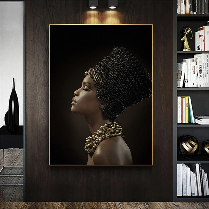 African Woman Wear Pearl Necklace Canvas Painting Wall Art Poster